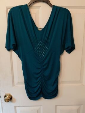 Daytrip Teal Ruched V-Neck Top with Studded Design